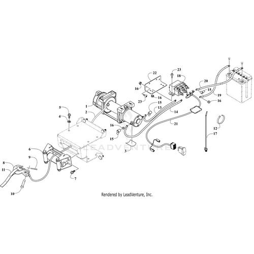 Exploded technical diagram of the Winch by Arctic Cat, with labeled parts including motor, cables, control box, genuine Arctic Cat components, connectors, clamps, and mounting hardware.