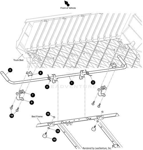 Overhead diagram of a truck bed with labeled parts and hardware for attaching a bed frame and mounting bar, including brackets, bolts, nuts, and details for installing the Dump Bed Handle Black-Weld by Arctic Cat using OEM parts.