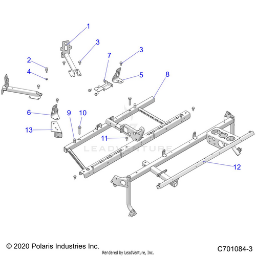 An Image of a Genuine Polaris Parts Schematic Diagram showing the schematic - CHASSIS: MAIN FRAME MOUNTS - 2025 POLARIS RZR TRAIL S 1000 ULTIMATE