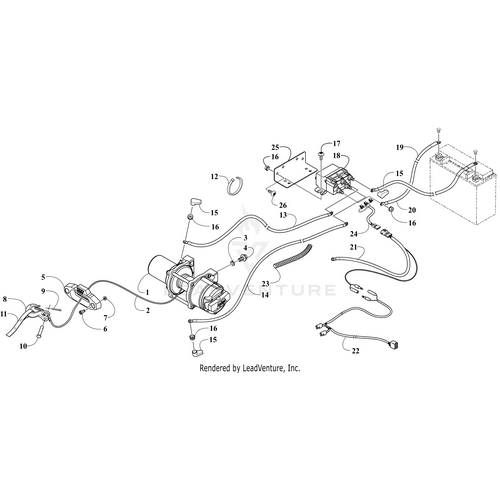 Black and white technical diagram of the Warn Winch 93466 (Wc Trl/Sprt Se) by Arctic Cat, showing numbered parts like cables, switches, connectors, relay, OEM battery, bolts, and mounting brackets with connecting lines.