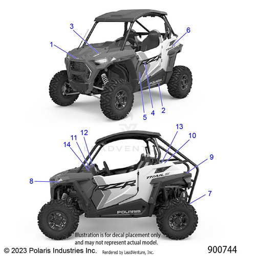 An Image of a Genuine Polaris Parts Schematic Diagram showing the schematic - BODY: DECALS - 2024 POLARIS RZR TRAIL S 1000 ULTIMATE