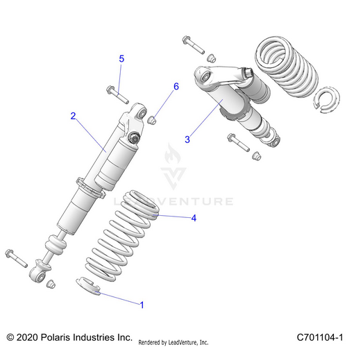 An Image of a Genuine Polaris Parts Schematic Diagram showing the schematic - SUSPENSION: FRONT SHOCK MOUNTING - 2020 POLARIS RZR S 4 1000