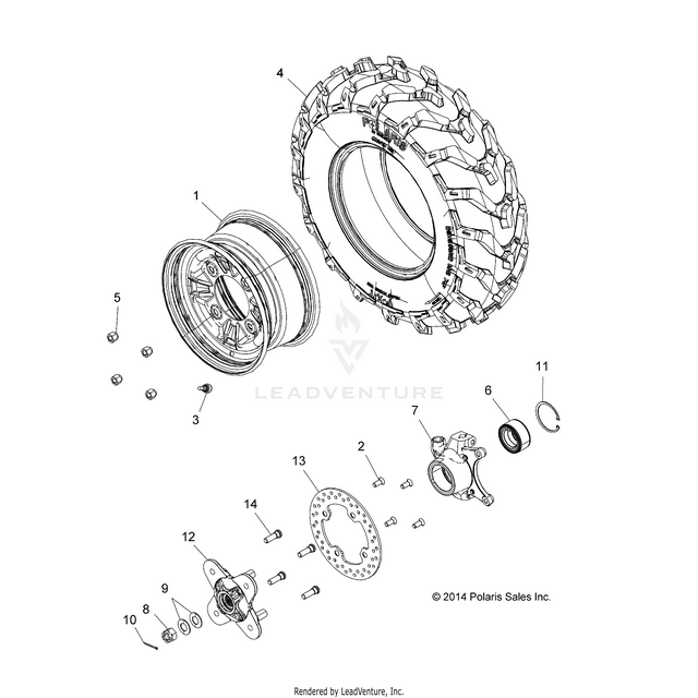 An Image of a Genuine Polaris Parts Schematic Diagram showing the schematic - WHEELS: FRONT - 2015 POLARIS RZR 900/900 EPS
