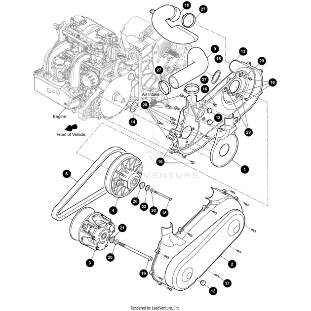 Exploded vehicle engine diagram with labeled components—engine, air intake, belts, pulleys, and OEM parts like the Arctic Cat Spring Lock Washer - Metric M10—numbered for easy identification.