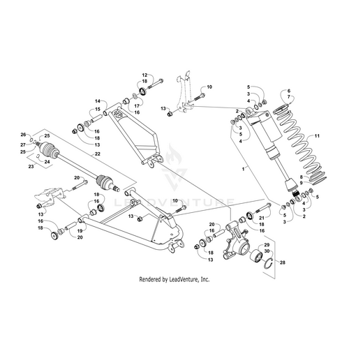 Exploded vehicle suspension diagram with labeled parts—springs, arms, bolts, joints, bushings—including OEM Arctic Cat’s Rear Spring-Main-Painted Med Grn. Diagram by LeadVenture, Inc. for Witchdoctors.com.
