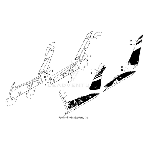 Exploded diagram displaying labeled parts of the Arctic Cat Pillar Decal Fr-Right-(Matte Blk) assembly, with each bracket, panel, and hardware component separated, numbered, and featuring OEM Arctic Cat parts for easy identification.
