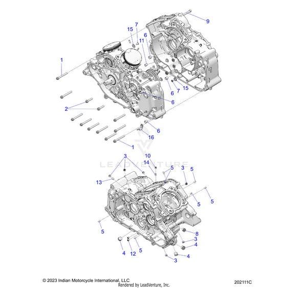 Exploded diagram of a motorcycle engine crankcase showing left/right halves, numbered bolts, covers, Polaris Pin Dowel M10X14 placement, and labeled internals for assembly. Find parts at Witchdoctors.com.