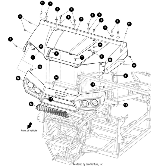 Exploded diagram of a vehicle’s front hood assembly with labeled parts, showing how the hood, grille, and components—like the Arctic Cat Screw M6X1X20 Pan Washer Heavy Duty Slf Tap T30—attach to the frame; front is indicated.