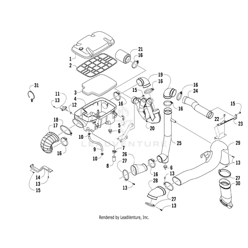Exploded diagram of an automotive air intake system with numbered parts—air filter, hoses, clamps, ducts, connectors, and Support Bracket by Arctic Cat—clearly separated and labeled for easy OEM Arctic Cat parts identification.