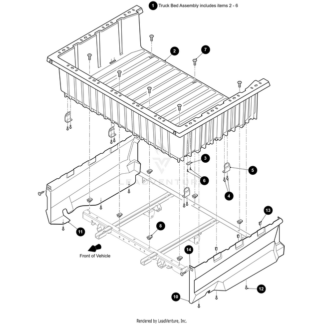 Exploded diagram of a truck bed assembly with the Main Bed by Arctic Cat, side panels, bolts, brackets, and tailgate. Numbered labels mark each part, with an arrow showing the front—perfect for finding OEM Arctic Cat components.