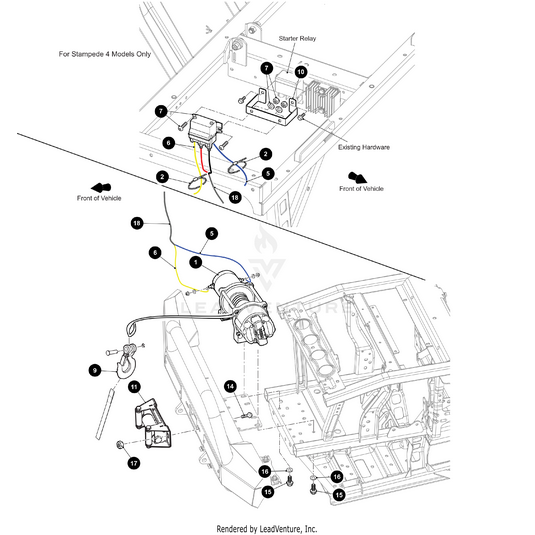 Wiring diagram showing installation of a starter relay and OEM Arctic Cat parts with labeled wiring connections for the Wiring Harness Winch Xtr by Arctic Cat, related components, and directional indicators for the vehicle front.
