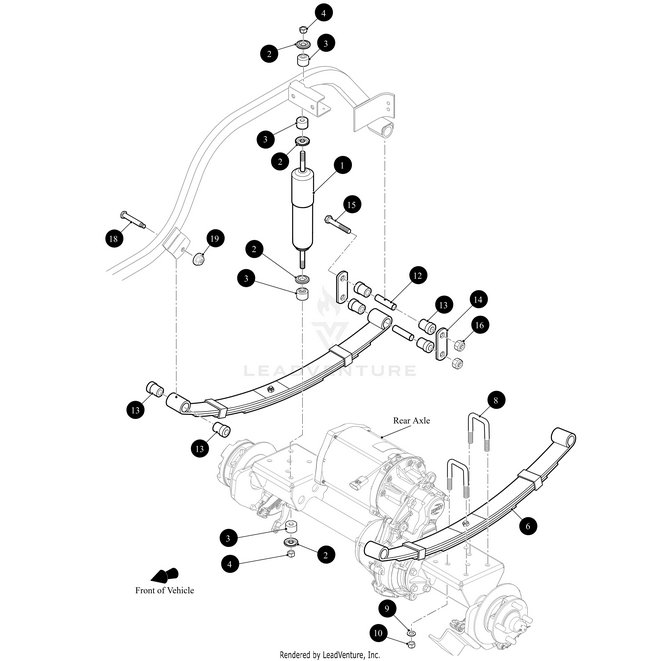 Exploded view of a rear suspension system showing leaf springs, shock absorber, rear axle, and parts like the Arctic Cat Nut M10-1.25 Right Hex Jam. Find OEM Arctic Cat parts at Witchdoctors.com; components are numbered for reference.