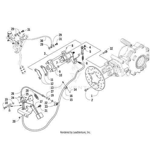 Exploded diagram of a mechanical system with numbered parts—levers, cables, brackets, bolts, gear housing—including an OEM Arctic Cat Actuator Lever by Arctic Cat. All parts are labeled for assembly reference from Witchdoctors.com.