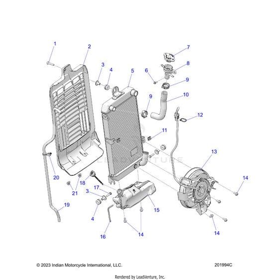 Exploded diagram of a motorcycle radiator assembly with numbered callouts identifying components such as the radiator, hoses, Filler Remote Coolant by Polaris reservoir, fan, and fasteners.