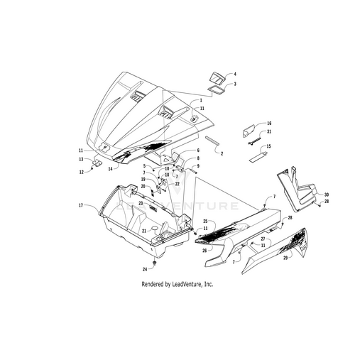 Exploded diagram of vehicle body parts, featuring the Hood Decal - Front - Right - Orange by Arctic Cat plus OEM Arctic Cat parts like hood, side panels, and fasteners—each numbered for easy ID and assembly at Witchdoctors.com.