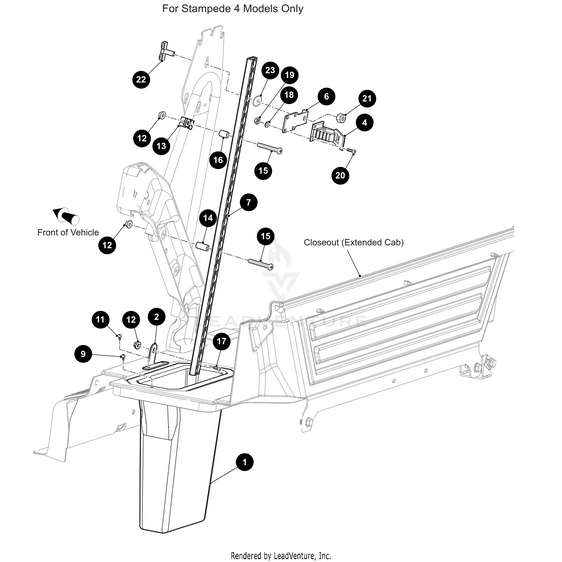Line drawing diagram of a vehicle’s rear bed and cab, labeling parts for assembly. Highlights the Clamp Mount Bracket Flat Black by Arctic Cat, showing bolt, bracket, and rod placement for Stampede 4 models with compatible OEM components.
