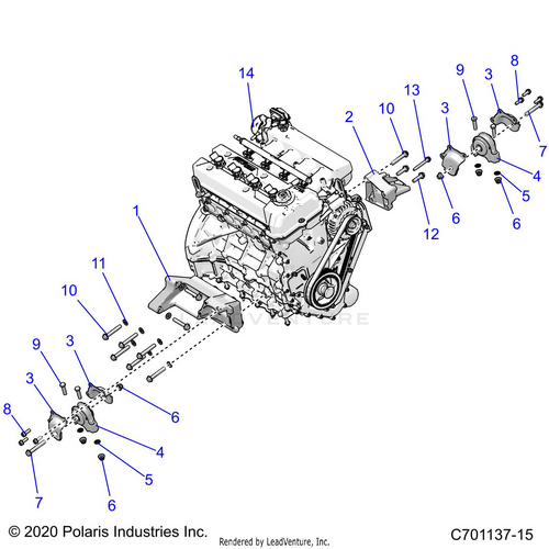 An Image of a Genuine Polaris Parts Schematic Diagram showing the schematic - ENGINE: MOUNTING & LONG BLOCK - 2022 POLARIS RZR PRO R ULTIMATE