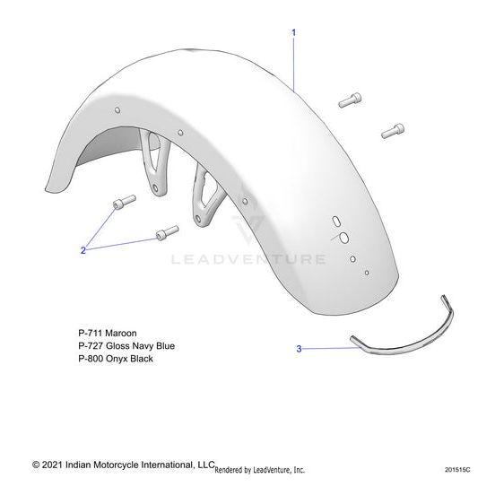 Technical illustration of the Fender Trimmed Front Aljade by Polaris for Indian Motorcycle OEM, highlighting mounting brackets, screws, and a curved trim piece in maroon, gloss navy blue, and onyx black.