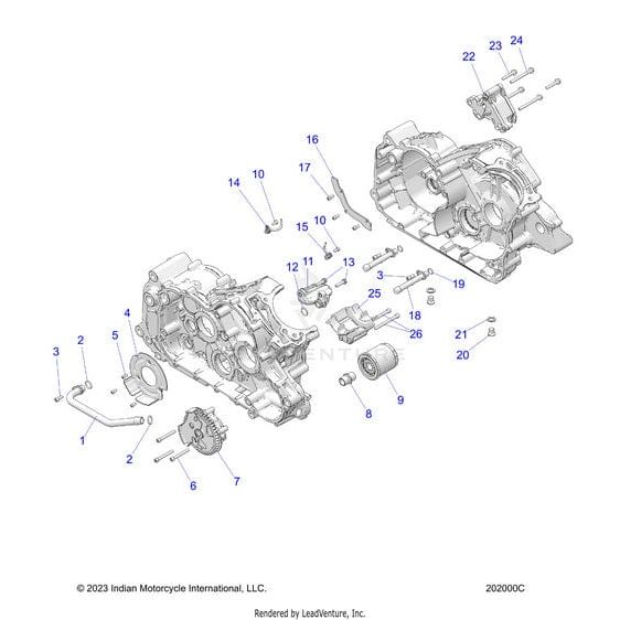 Exploded diagram of a motorcycle engine crankcase assembly, showing numbered parts like gears, bolts, covers, and the Gear Oil Pump by Polaris, with each Polaris factory component separated and clearly labeled for reference.