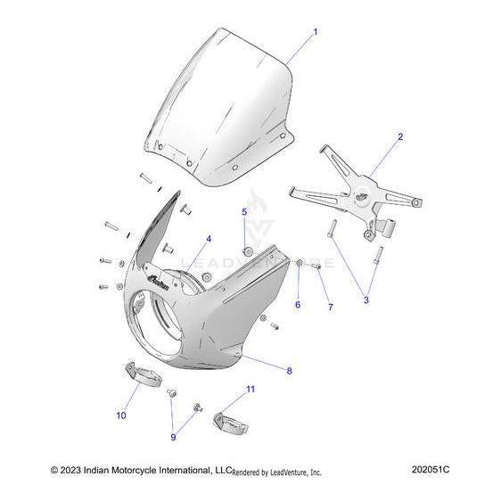 Exploded diagram of the Cowl Wind Defl Bobclub Can by Polaris (Canada), showing a windshield, outer fairing, brackets, bolts, and OEM parts—each labeled with numbers for easy identification.