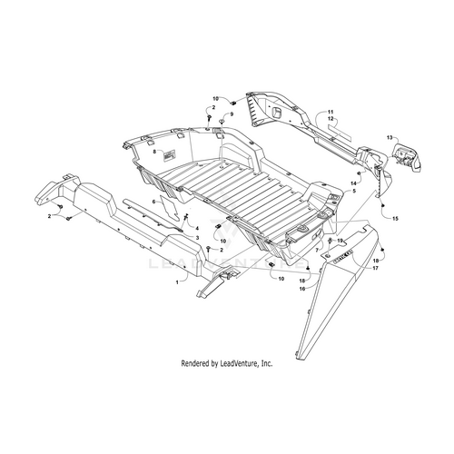 Black and white exploded diagram of a vehicle bed assembly with labeled parts, including the bed floor, side panels, fasteners, and the Rear Fender - Right - Matte Black by Arctic Cat. OEM parts shown for clarity and detail.
