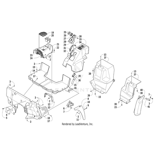 Exploded diagram of a mechanical assembly with labeled parts—including the Front Fender - Right Mt Cat Grn by Arctic Cat, panels, gear mechanism, and hardware. Find genuine Arctic Cat parts at Witchdoctors.com.