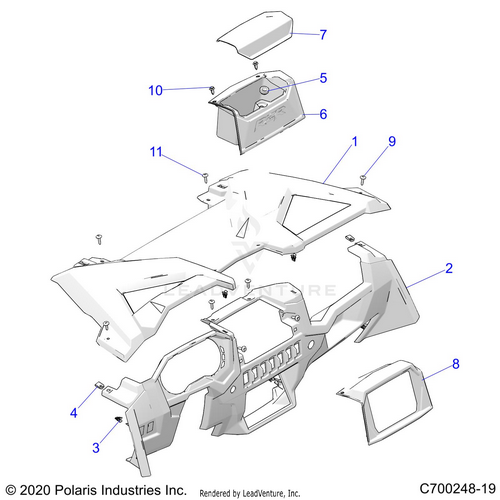 An Image of a Genuine Polaris Parts Schematic Diagram showing the schematic - BODY: DASH - 2020 POLARIS RZR XP 1000