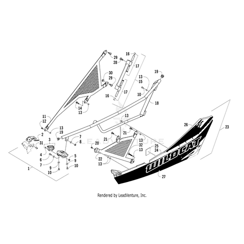 Exploded view of a vehicle side panel highlights parts such as mesh grills, brackets, screws, and the Door Decal Upper Left-Tag by Arctic Cat—perfect for identifying OEM Arctic Cat parts and UTV accessories.