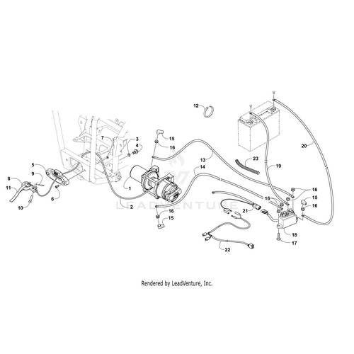 Black and white technical diagram of a hydraulic system showing numbered parts, including battery, cables, hydraulic pump, and connectors—ideal for referencing Arctic Cat OEM parts like the Winch Solenoid by Arctic Cat.