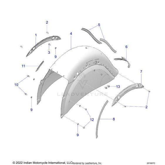 Exploded diagram of the Fender Rear Slvqtzmt [Silver Quartz Metallic] by Polaris, showing labeled parts like the main fender, brackets, and OEM support components separately for easy identification.