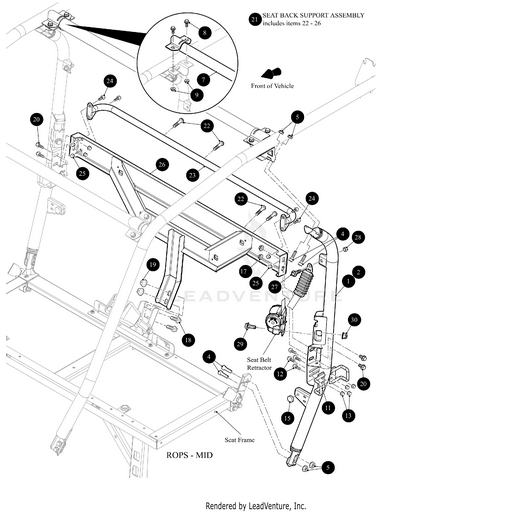 Technical diagram of the Seatback Support Assembly Black by Arctic Cat, showing labeled parts such as seat belt, frame, and hardware—features an inset detail and highlights compatibility with OEM Arctic Cat UTV/ATV accessories.