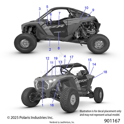 An Image of a Genuine Polaris Parts Schematic Diagram showing the schematic - BODY: DECALS - 2026 POLARIS RZR PRO R LE