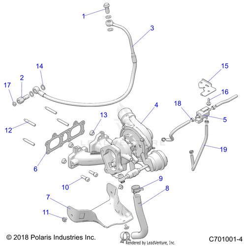 An Image of a Genuine Polaris Parts Schematic Diagram showing the schematic - ENGINE: TURBO CHARGER MOUNTING - 2020 POLARIS RZR XP TURBO