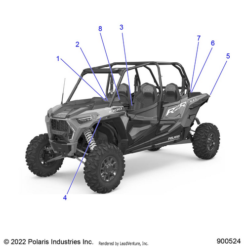 An Image of a Genuine Polaris Parts Schematic Diagram showing the schematic - BODY: DECALS - 2023 POLARIS RZR XP 4 1000 PREMIUM RIDE COMMAND