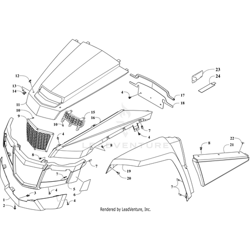 Exploded diagram of a vehicle’s front end, showing separated parts like the hood, grille, bumper, headlights, and Front Fender - Inner - Left - Green by Arctic Cat, each labeled with numbers matching the OEM Arctic Cat parts list.
