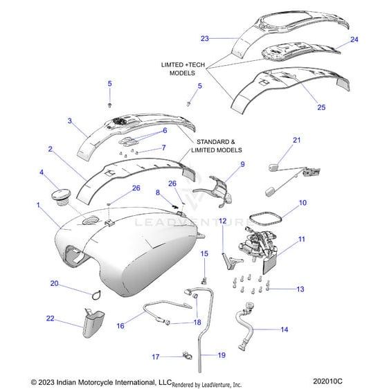 Exploded diagram of Tank Fuel Ghstwhitemet/Gfx [Ghost White Metallic W/ Gfx] by Polaris shows OEM parts—tank, fuel cap, hoses, covers, switches, mounting hardware. Parts are numbered for standard, limited, and limited + tech models.