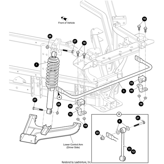 Black and white diagram of a vehicle’s front left suspension with labeled components, including the Arctic Cat Shock 225 Sr 50.8Mm Body Rear, coil spring, lower control arm, sway bar, bushings, and OEM Arctic Cat parts with reference numbers.