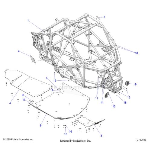An Image of a Genuine Polaris Parts Schematic Diagram showing the schematic - CHASSIS: MAIN FRAME AND SKID PLATES - 2025 POLARIS RZR PRO R RACE