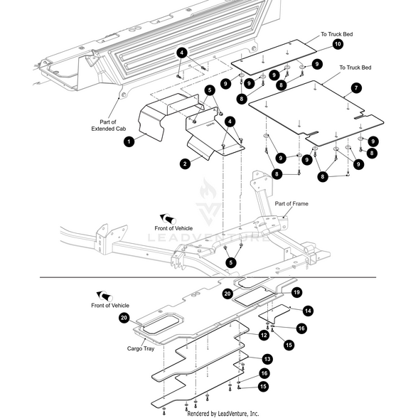 Exploded diagram shows assembly parts for a truck’s extended cab and cargo tray, with labeled components—like the Extended Cab Tray Heat Shield by Arctic Cat—plus mounting points and orientation arrows referencing OEM parts.