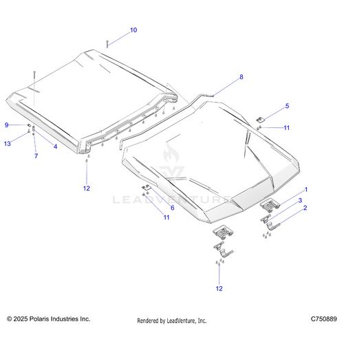 An Image of a Genuine Polaris Parts Schematic Diagram showing the schematic - BODY: ROOF - 2026 POLARIS RZR PRO XP 4 SPORT