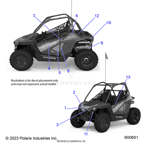 An Image of a Genuine Polaris Parts Schematic Diagram showing the schematic - BODY: DECALS - 2023 POLARIS RZR 200 TROY LEE DESIGNS EVAP