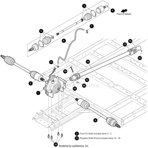 Line drawing diagram of a vehicle’s drivetrain, highlighting labeled parts such as front CV shafts, propeller shaft, and the Arctic Cat Front Differential Die Cast Center Clockwise—essential for sourcing OEM parts or understanding its assembly orientation.