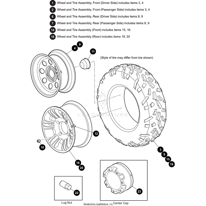 Exploded diagram of a vehicle wheel assembly with labeled parts: tire, rim, wheel disc, hub, lug nut, center cap. Numbered callouts detail Wheel & Tire Aluminium Rear-Assembly (Includes Items 19 20) by Arctic Cat for UTV ATV.