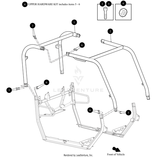 Black and white assembly diagram of the OPS Upper Weld Rear by Arctic Cat displays numbered parts, bolts, and connectors, with close-ups of hardware items 5 and 6. Arrows mark correct attachment points for OEM Arctic Cat components.