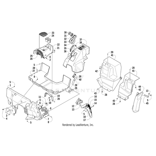 Exploded view diagram displaying numbered components of a vehicle, including the Front Fender Decal - Left by Arctic Cat, alongside panels, OEM Arctic Cat parts, screws, and connectors—each item clearly labeled for easy identification.