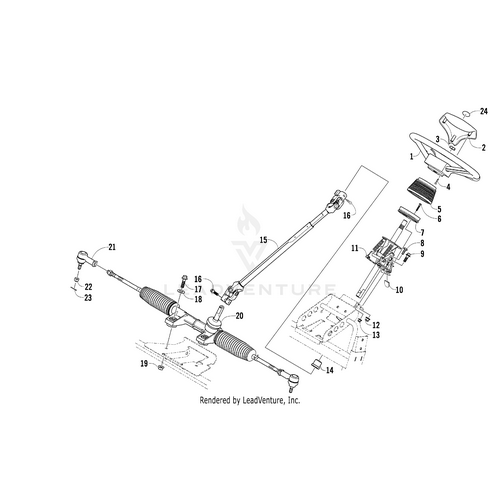 Technical diagram showing numbered components of a vehicles steering system—steering wheel, column, linkage, rack and pinion—ideal for identifying UTV ATV parts or OEM Arctic Cat parts like the Boot by Arctic Cat.