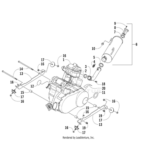 Exploded diagram of an engine assembly featuring labeled parts, such as the exhaust, engine block, connecting rods, and OEM Arctic Cat Engine Decal - Duramatic, shown separately with numbered callouts for each component.