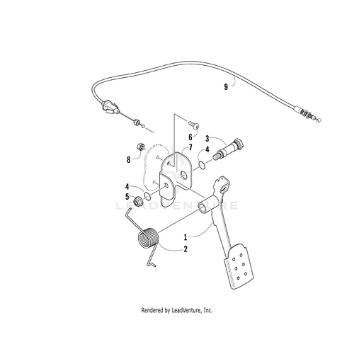 Exploded diagram of a vehicle accelerator pedal assembly featuring the pedal, spring, mounting bracket, Arctic Cat Accelerator Cable by Arctic Cat, and hardware, each part clearly labeled with numbers for easy identification.