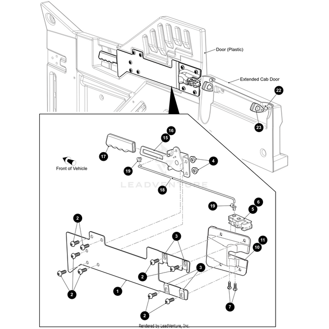 Black and white technical diagram illustrating parts and assembly of the Casting Cover Door Latch Left Black by Arctic Cat, with numbered components for a plastic extended cab door. Includes detailed inset of Arctic Cat OEM latch, part number 664252G1390.