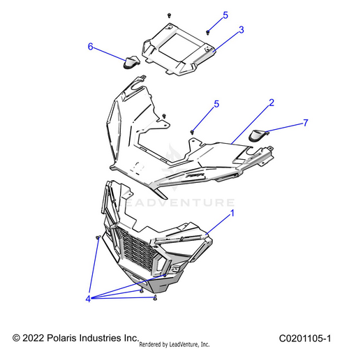 An Image of a Genuine Polaris Parts Schematic Diagram showing the schematic - BODY: FRONT BUMPER and HOOD - 2026 POLARIS RZR 200 EVAP